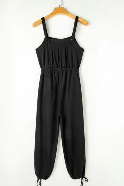 New Dear-Lover Knotted Straps Button Textured Drawstring Jumpsuit Black