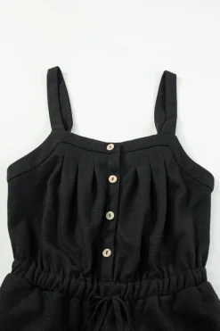 New Dear-Lover Knotted Straps Button Textured Drawstring Jumpsuit Black