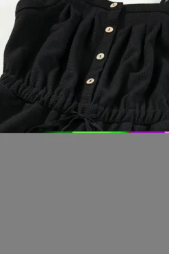 New Dear-Lover Knotted Straps Button Textured Drawstring Jumpsuit Black