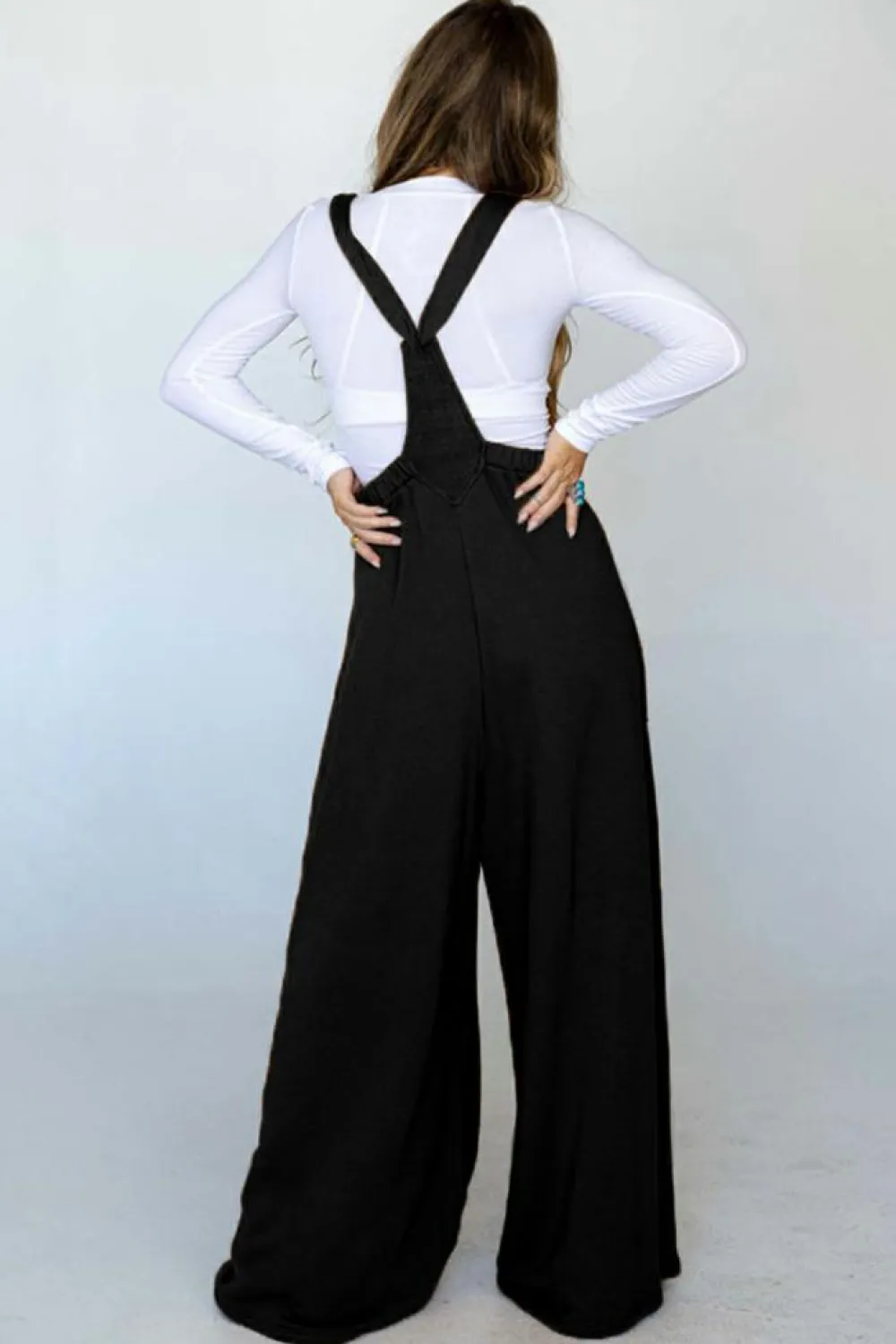 Discount Dear-Lover Knotted Straps Patch Pocket Wide Leg Jumpsuit Black