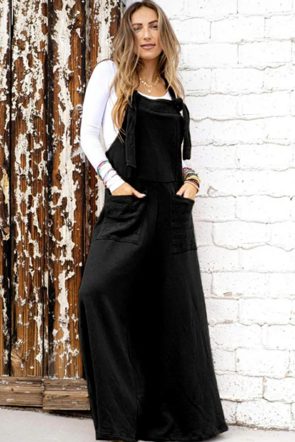 Discount Dear-Lover Knotted Straps Patch Pocket Wide Leg Jumpsuit Black