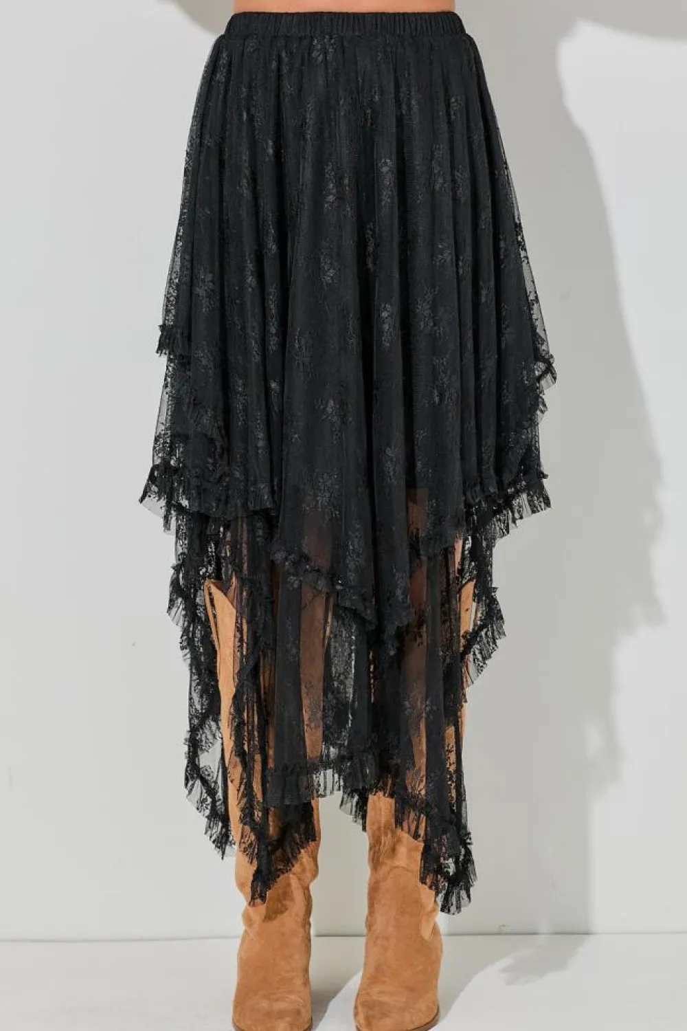 Online Dear-Lover Lace Cascading Tiered High Waist Maxi Skirt Black