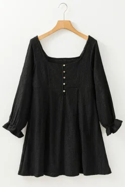 Clearance Dear-Lover Lace Crochet Buttoned Square Neck Shift Mini Dress Black
