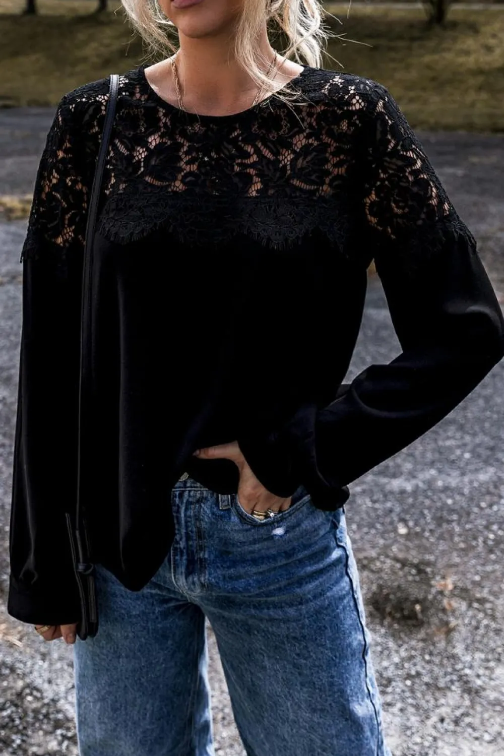 Best Dear-Lover Lace Crochet Patchwork O Neck Long Sleeve Top Black