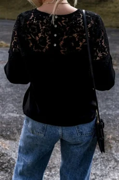Best Dear-Lover Lace Crochet Patchwork O Neck Long Sleeve Top Black