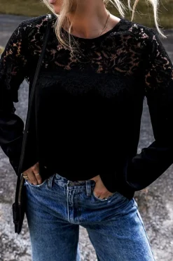 Best Dear-Lover Lace Crochet Patchwork O Neck Long Sleeve Top Black