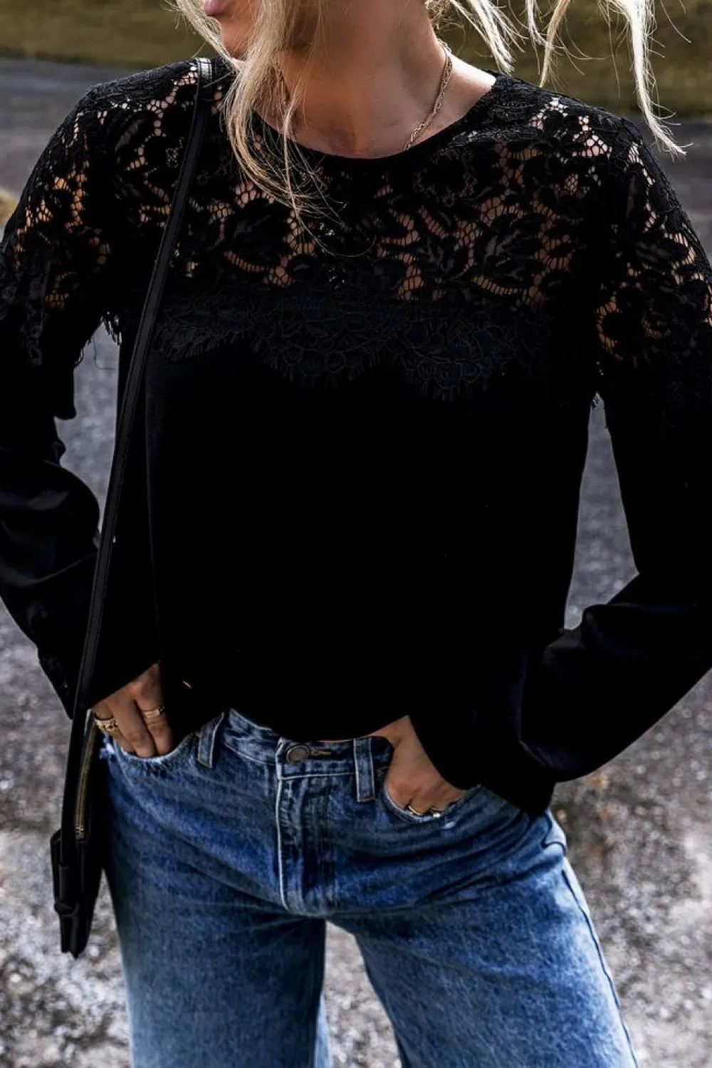 Best Dear-Lover Lace Crochet Patchwork O Neck Long Sleeve Top Black