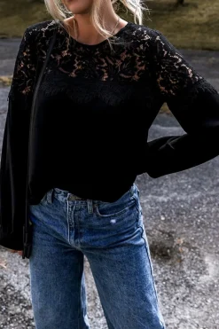 Best Dear-Lover Lace Crochet Patchwork O Neck Long Sleeve Top Black