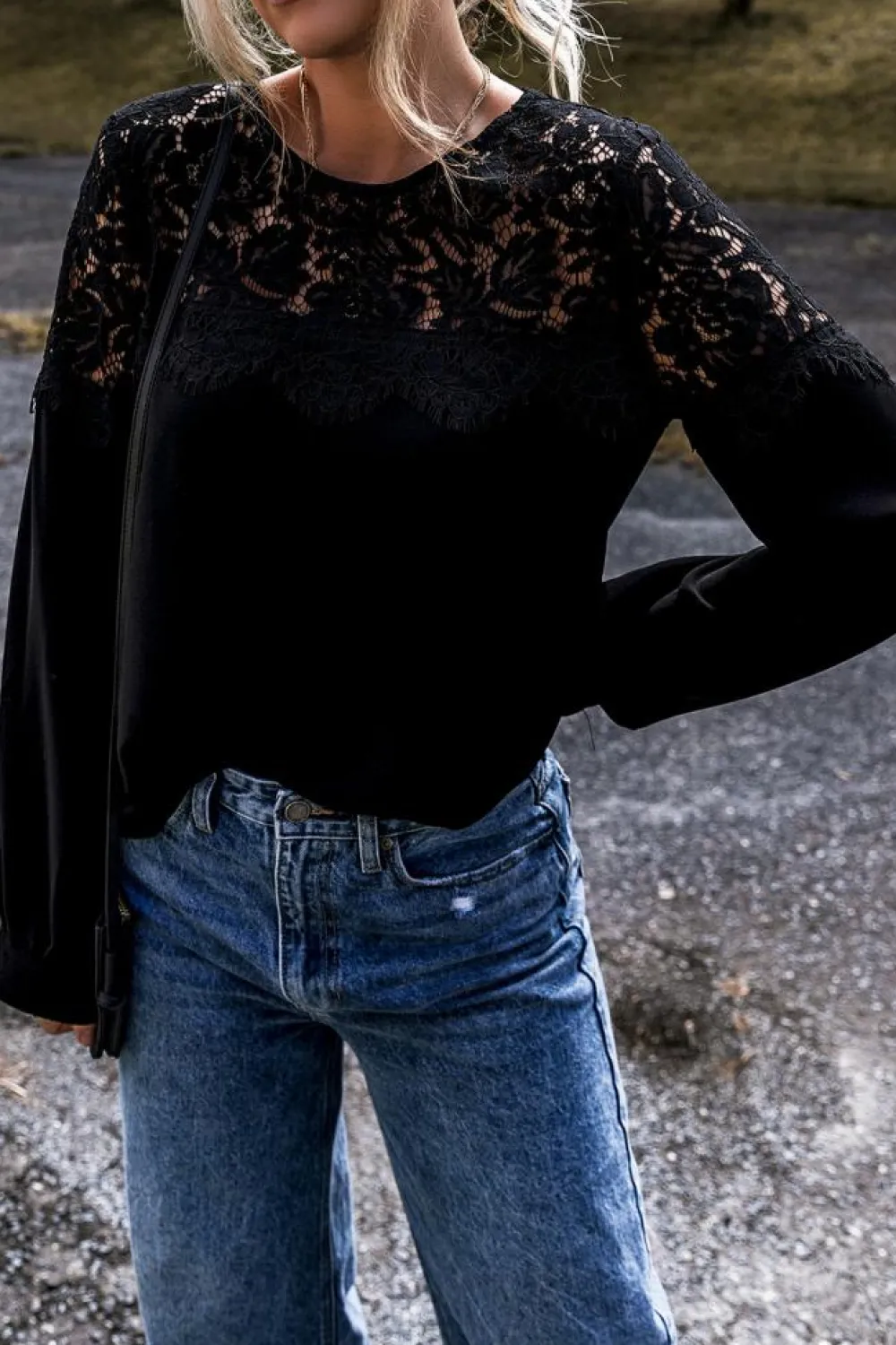 Best Dear-Lover Lace Crochet Patchwork O Neck Long Sleeve Top Black
