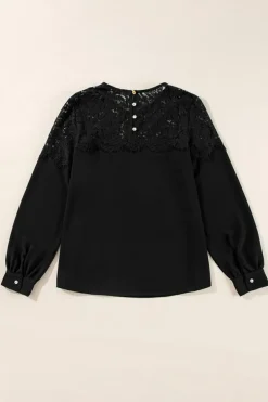 Best Dear-Lover Lace Crochet Patchwork O Neck Long Sleeve Top Black