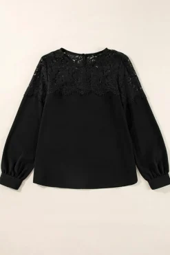 Best Dear-Lover Lace Crochet Patchwork O Neck Long Sleeve Top Black