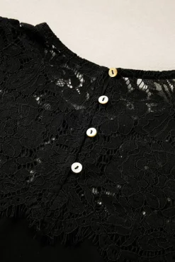 Best Dear-Lover Lace Crochet Patchwork O Neck Long Sleeve Top Black