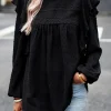 Discount Dear-Lover Lace Eyelet Ruffle Shoulder Long Sleeve Blouse Black