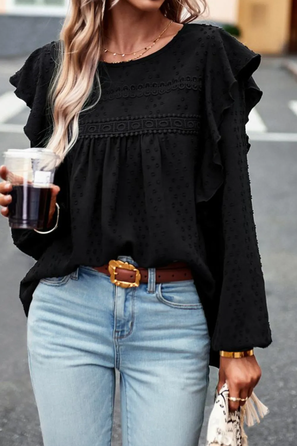 Discount Dear-Lover Lace Eyelet Ruffle Shoulder Long Sleeve Blouse Black