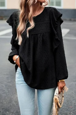 Discount Dear-Lover Lace Eyelet Ruffle Shoulder Long Sleeve Blouse Black