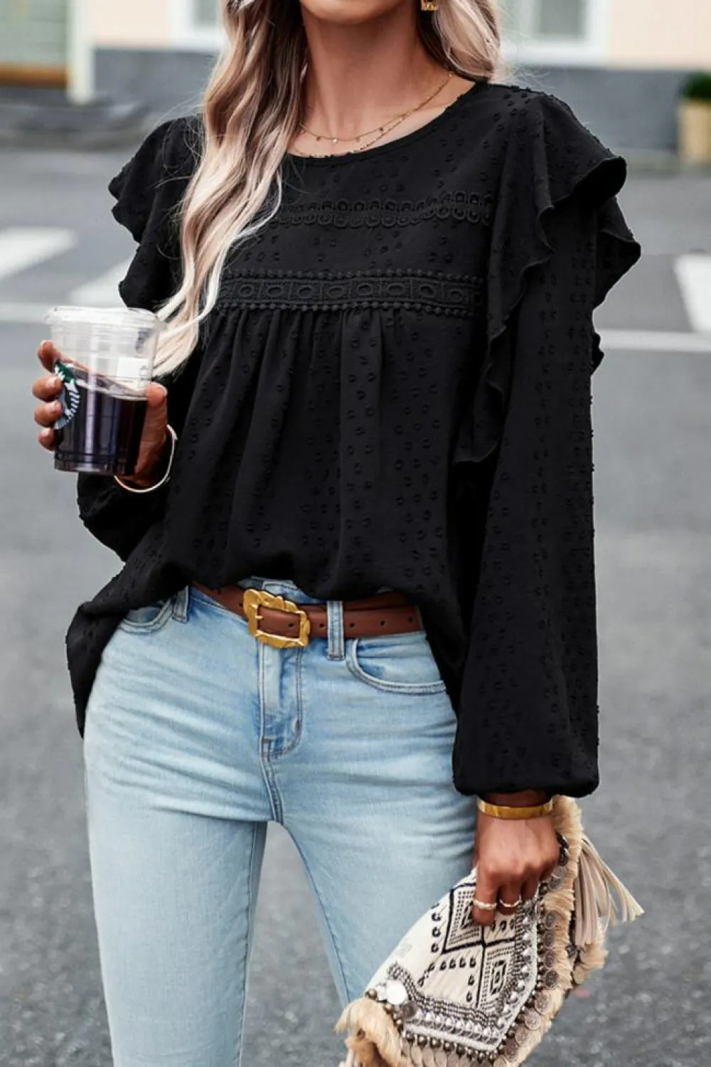 Discount Dear-Lover Lace Eyelet Ruffle Shoulder Long Sleeve Blouse Black