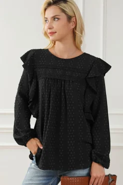 Discount Dear-Lover Lace Eyelet Ruffle Shoulder Long Sleeve Blouse Black