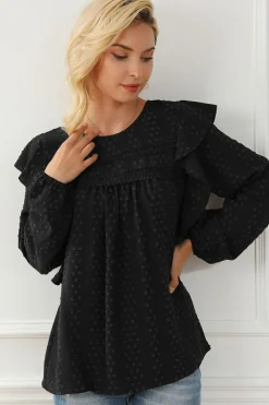 Discount Dear-Lover Lace Eyelet Ruffle Shoulder Long Sleeve Blouse Black