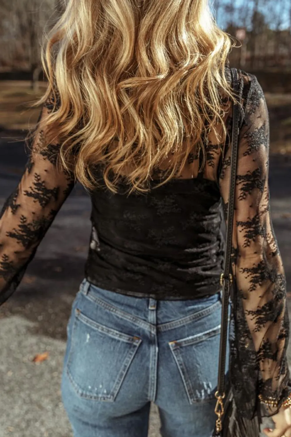 Discount Dear-Lover Lace Mesh Crochet Splicing Slim Fit Long Sleeve Blouse Black