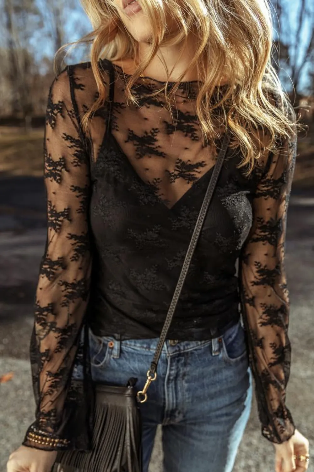 Discount Dear-Lover Lace Mesh Crochet Splicing Slim Fit Long Sleeve Blouse Black
