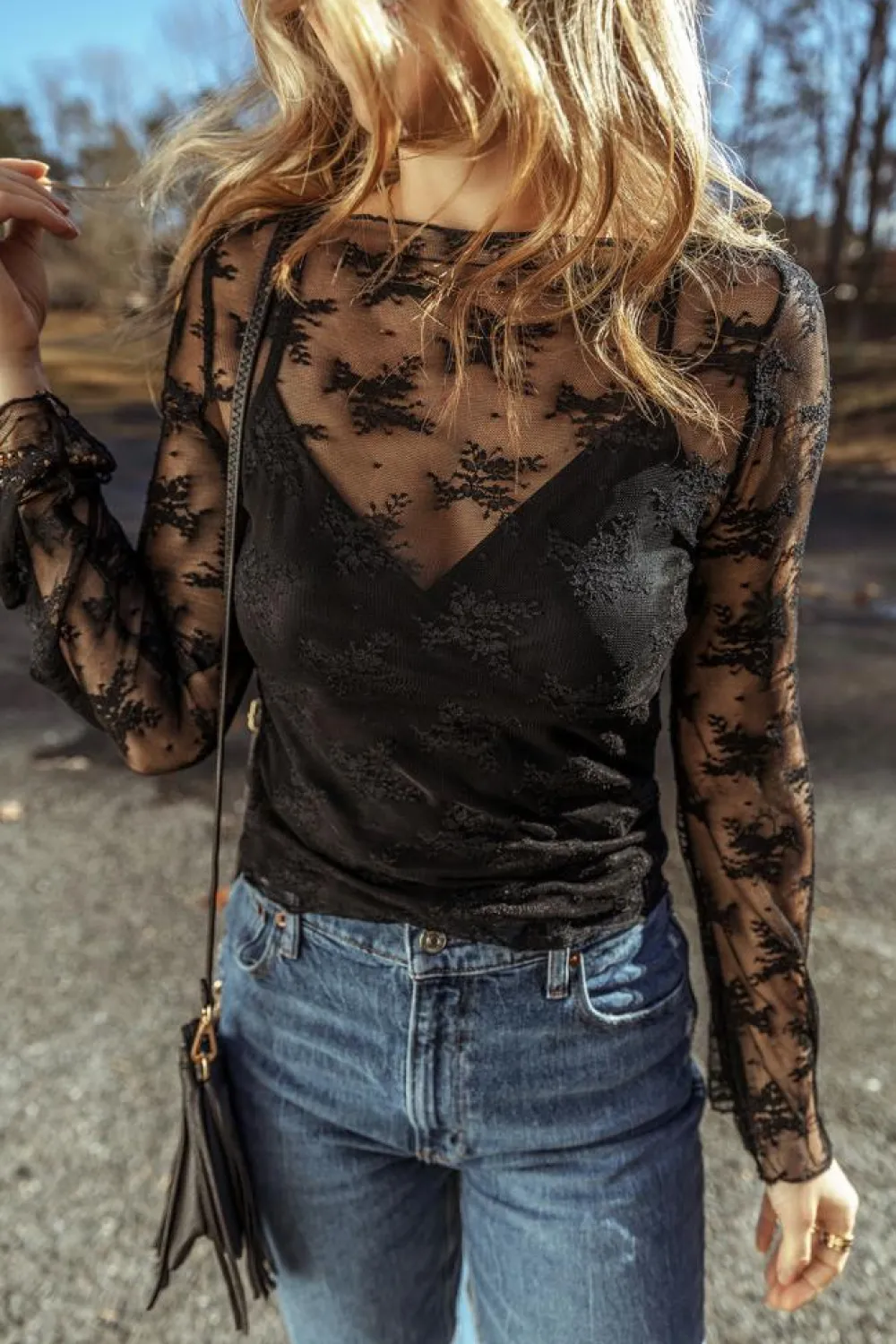 Discount Dear-Lover Lace Mesh Crochet Splicing Slim Fit Long Sleeve Blouse Black