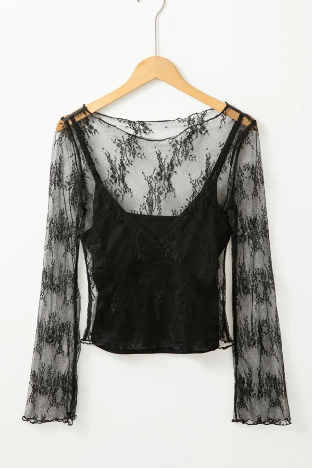 Discount Dear-Lover Lace Mesh Crochet Splicing Slim Fit Long Sleeve Blouse Black
