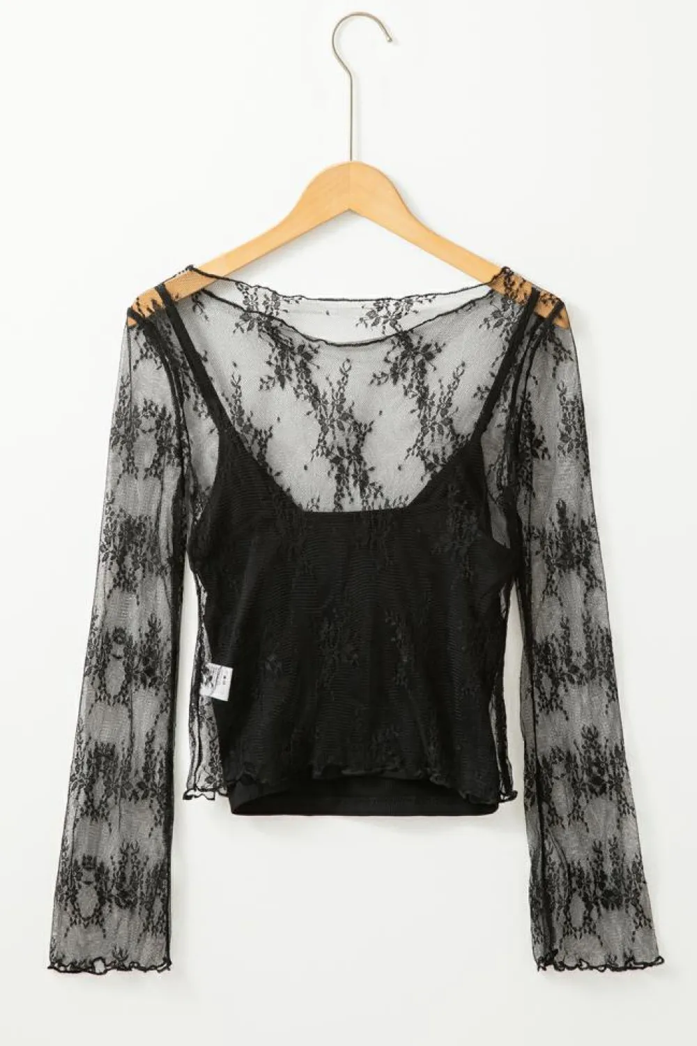 Discount Dear-Lover Lace Mesh Crochet Splicing Slim Fit Long Sleeve Blouse Black
