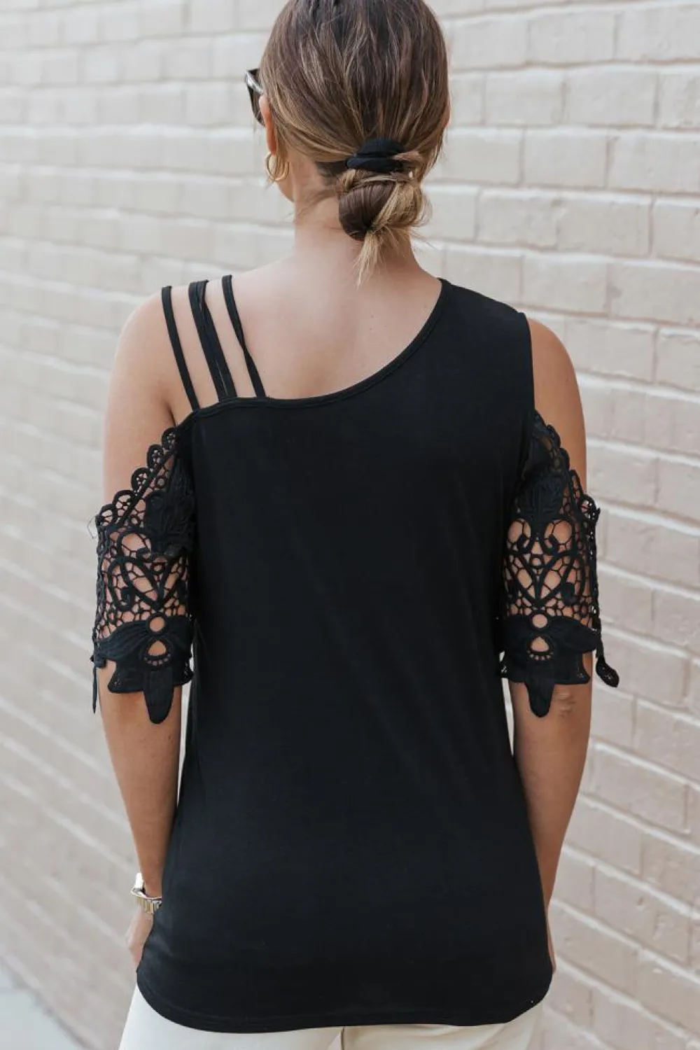 Discount Dear-Lover Lace Splicing Strappy Cold Shoulder Top Black