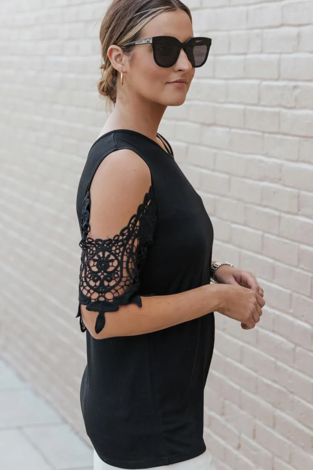 Discount Dear-Lover Lace Splicing Strappy Cold Shoulder Top Black