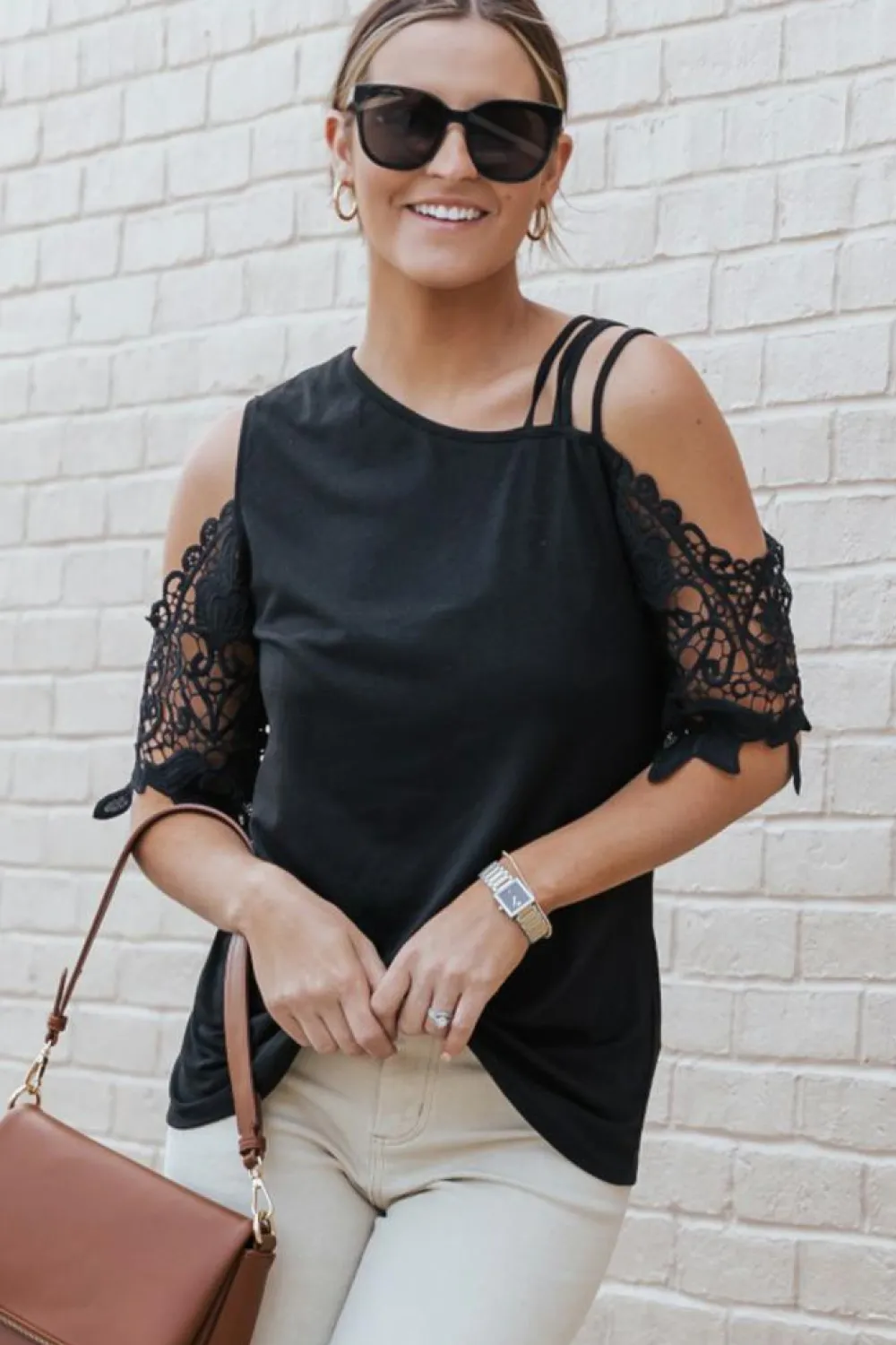 Discount Dear-Lover Lace Splicing Strappy Cold Shoulder Top Black