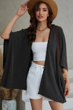 Fashion Dear-Lover Lace Trim Ribbed Oversize Kimono Black