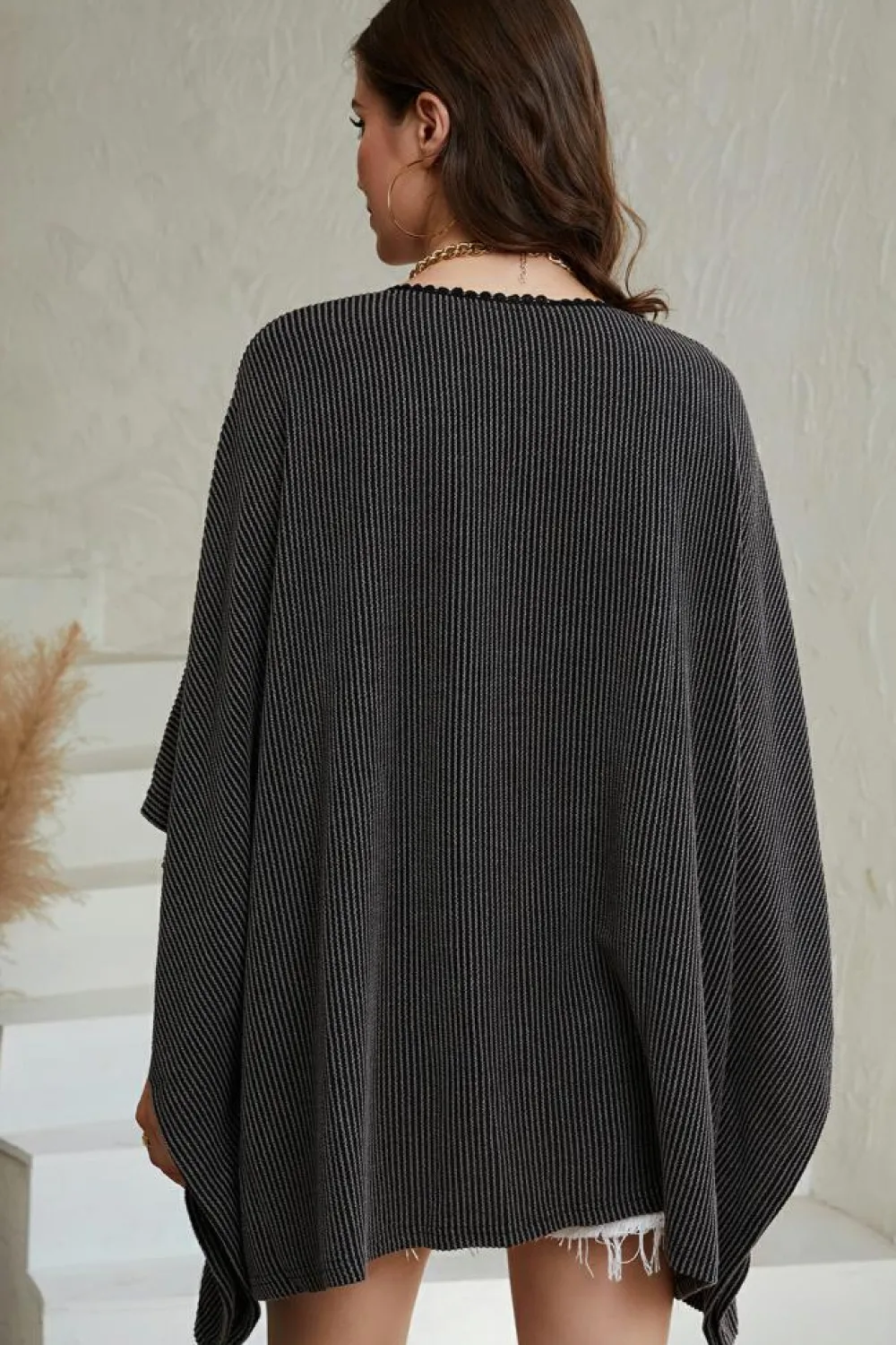 Fashion Dear-Lover Lace Trim Ribbed Oversize Kimono Black