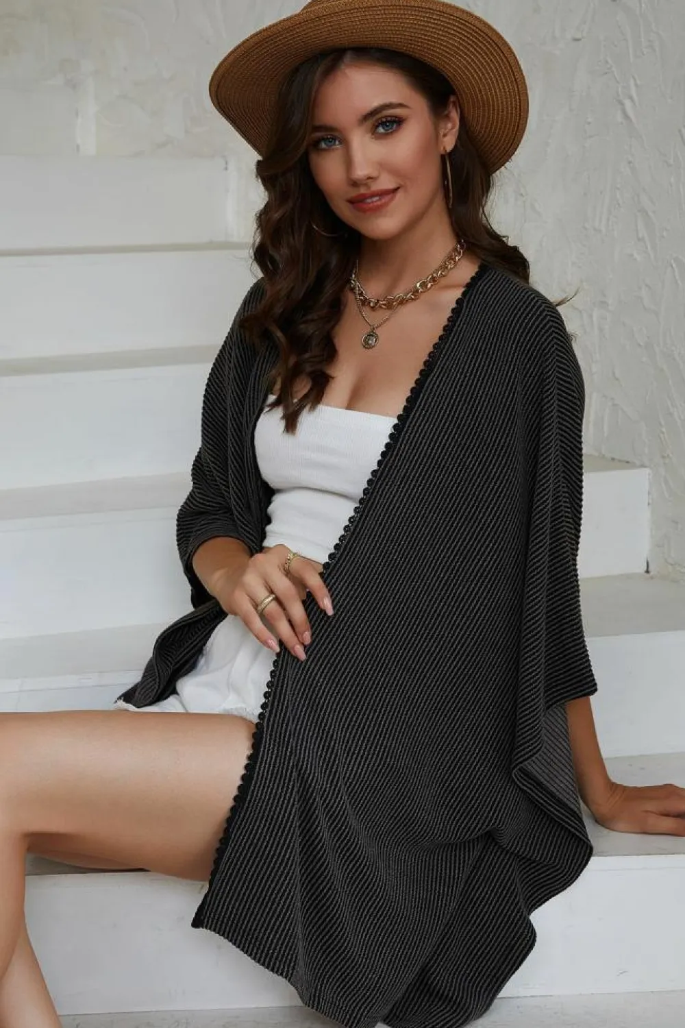 Fashion Dear-Lover Lace Trim Ribbed Oversize Kimono Black