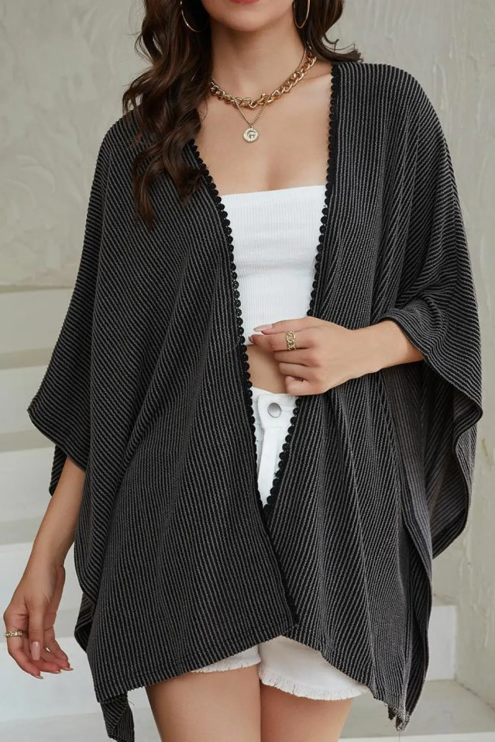 Fashion Dear-Lover Lace Trim Ribbed Oversize Kimono Black