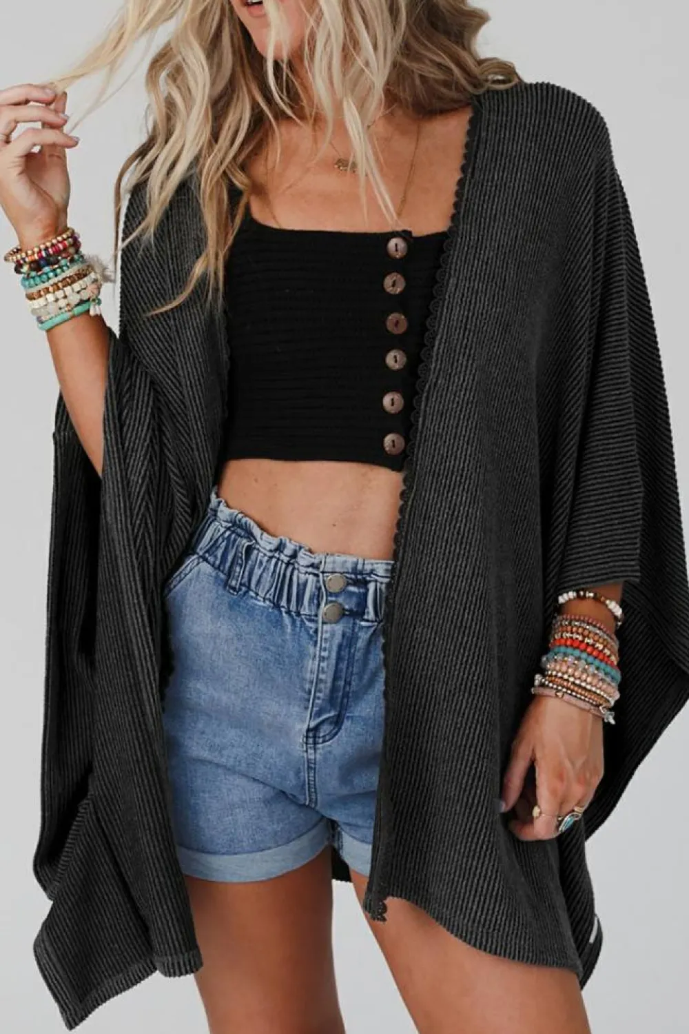 Fashion Dear-Lover Lace Trim Ribbed Oversize Kimono Black