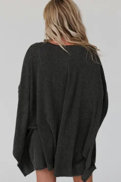 Fashion Dear-Lover Lace Trim Ribbed Oversize Kimono Black