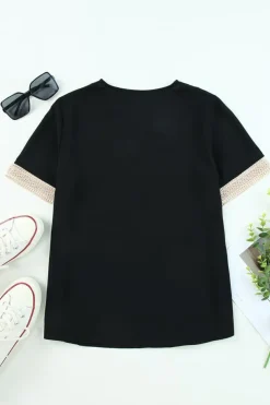 Online Dear-Lover Lace Trim V Neck Short Sleeve Blouse Black