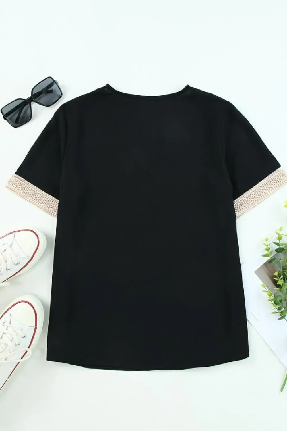Online Dear-Lover Lace Trim V Neck Short Sleeve Blouse Black