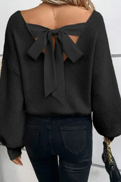 Best Dear-Lover Lantern Sleeve V Neck Knot Back Sweater Black