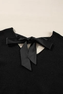 Best Dear-Lover Lantern Sleeve V Neck Knot Back Sweater Black