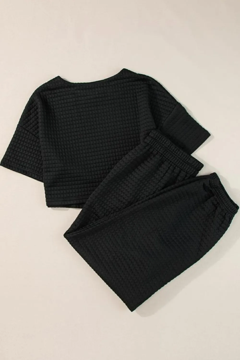 Best Dear-Lover Lattice Textured Cropped Tee and Jogger Pants Set Black
