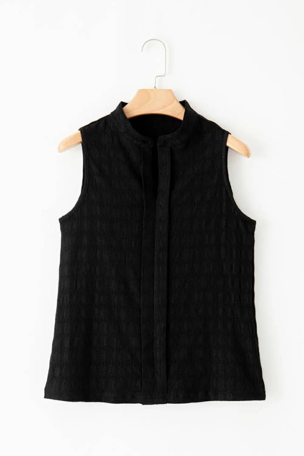 Fashion Dear-Lover Lattice Textured Split Neck Tank Top Black