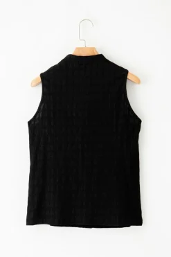 Fashion Dear-Lover Lattice Textured Split Neck Tank Top Black