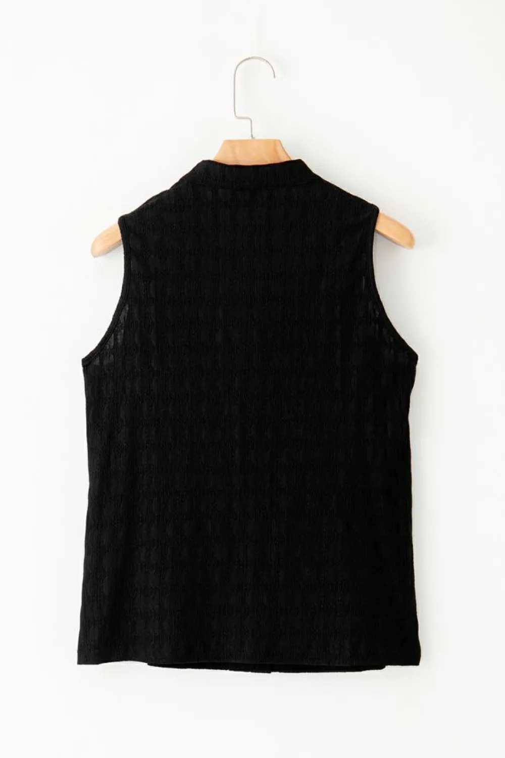 Fashion Dear-Lover Lattice Textured Split Neck Tank Top Black
