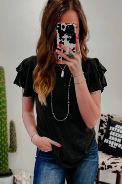 Online Dear-Lover Layered Ruffle Short Sleeve Round Neck Top Black