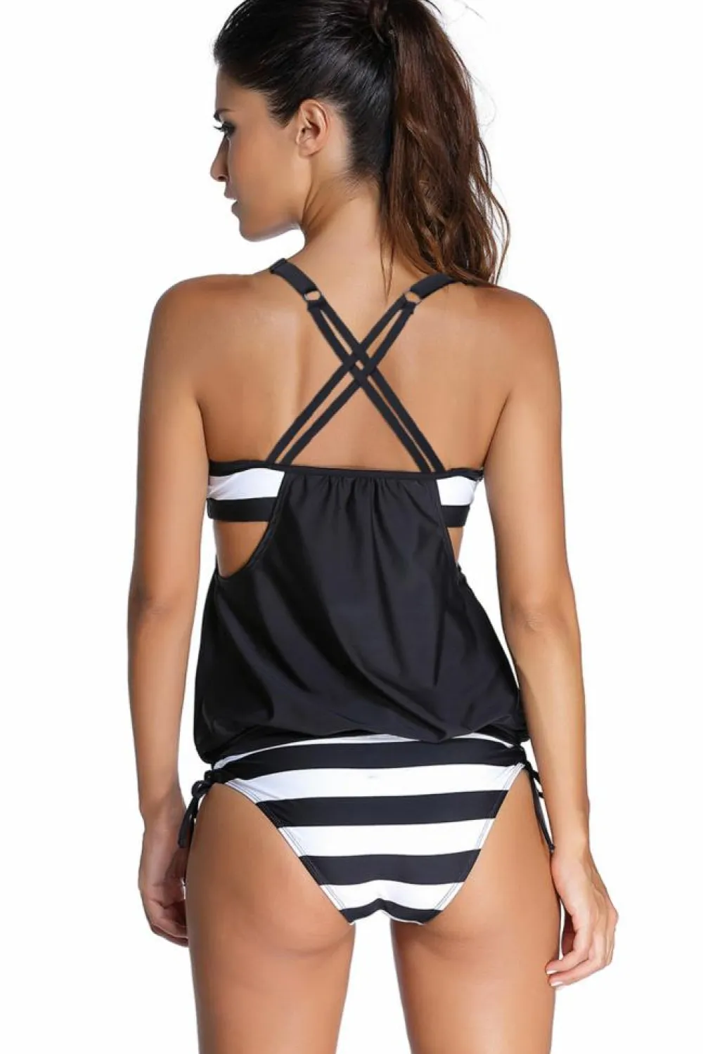 Clearance Dear-Lover Black Layered-Style Cross Back Tankini with Triangular Briefs Thick black white stripes