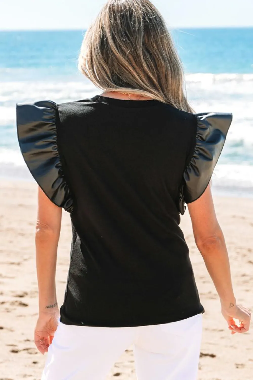 Outlet Dear-Lover Leather Ruffle Sleeve Patchwork Round Neck Blouse Black