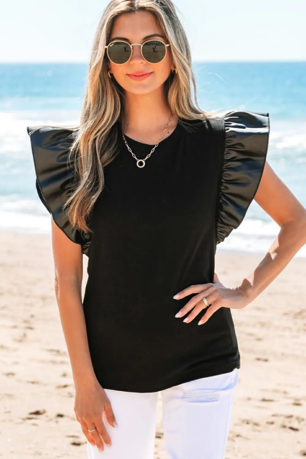 Outlet Dear-Lover Leather Ruffle Sleeve Patchwork Round Neck Blouse Black