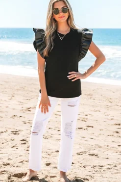 Outlet Dear-Lover Leather Ruffle Sleeve Patchwork Round Neck Blouse Black