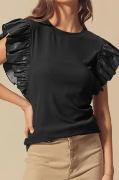 Outlet Dear-Lover Leather Ruffle Sleeve Patchwork Round Neck Blouse Black